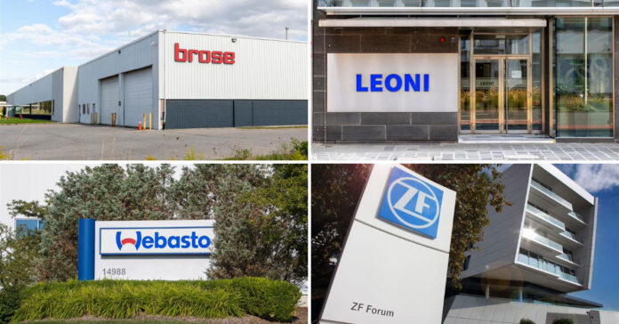 Brose, Leoni, Webasto und ZF sind nur einige Autozulieferer, die sich restrukturieren müssen. Die Luft für die Zulieferer wird immer dünner. Foto: SNEHIT PHOTO - stock.adobe.com (Webasto), JHVEPhoto - stock.adobe.com (Brose), ZF Friedrichshafen, Ardan Fuessmann - stock.adobe.com (Leoni)