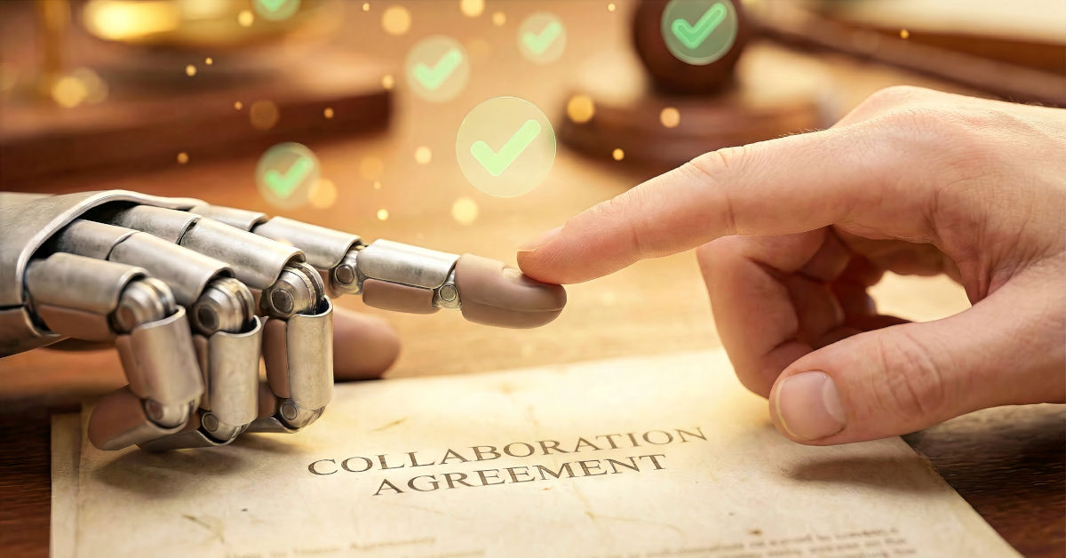 Die Kollaboration zwischen Rechtsberatenden und künstlicher Intelligenz wird künftig unabdingbar. Inwieweit verändert das den Beruf der Anwälte? Foto: Sergei - adobe.stock.de (KI-generiert)