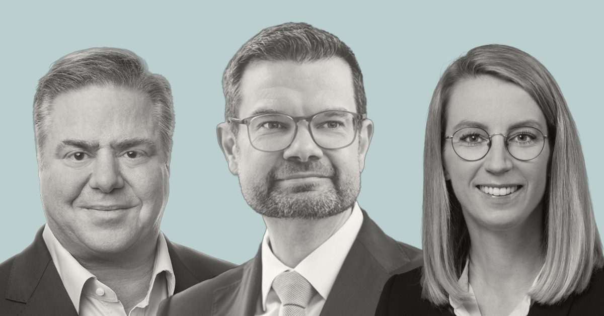 Oliver Dreher (v.l.n.r.) leitet künftig das Frankfurter Dentons Büro, Marco Buschmann kehrt zu White & Case zurück und Hannah Eckhoff wird Partnerin bei HSF Kramer. Foto: Dentons, White & Case, HSF Kramer/Montage: FINANCE