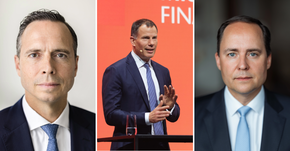 Jan-Philipp Gillmann (links) und Nico Ruse (rechts) übernehmen von Frank Vogel und leiten künftig das Firmenkundengeschäft der BNP. (Mitte). Fotos: BNP (Gillmann & Ruse), F.A.Z. Business Media GmbH/Dirk Beichert BusinessPhoto (Vogel), Collage: FINANCE 