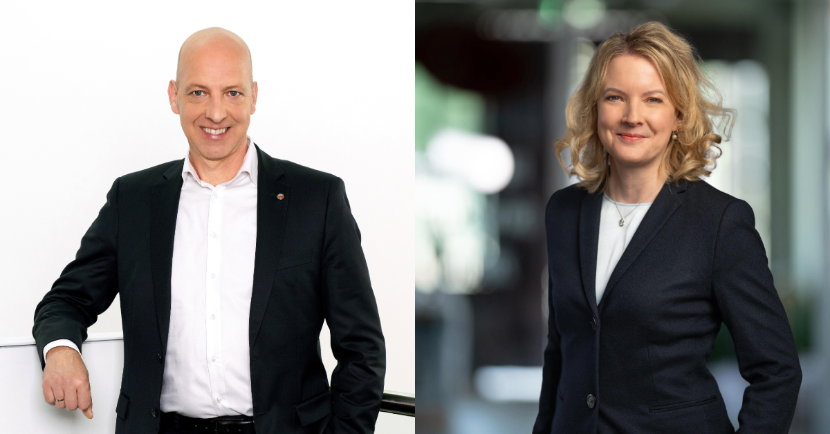 Christoph Burkard (l.) wird neuer CFO bei Heidelberger Druckmaschinen, Ann-Kristin Erkens übernimmt die CEO-Position bei SIG. Fotos: Wacker Neuson (l.), SIG Group; Montage: FINANCE